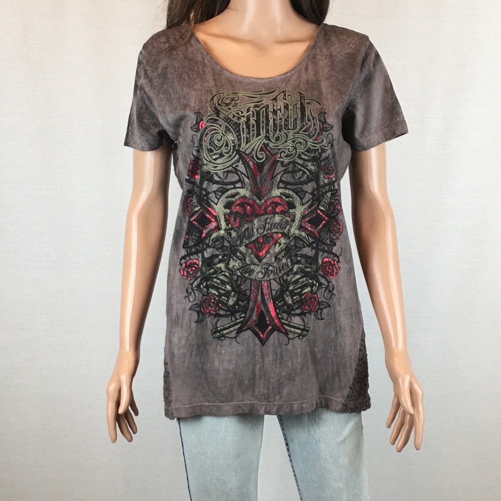 Sinful Graphic Criss Cross Perforated Top
